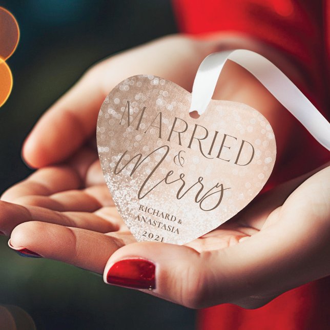 Married & Merry Gold Classy Twinkling Lights Photo Ornament (Married & Merry Gold Classy Twinkling Lights Photo Ornament)