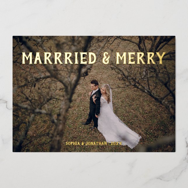 Married & merry gold foil thank you card (Front)