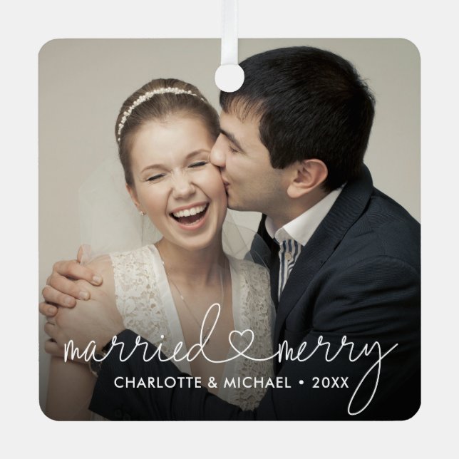 Married & Merry Heart Script Modern Custom Wedding Metal Tree Decoration (Front)