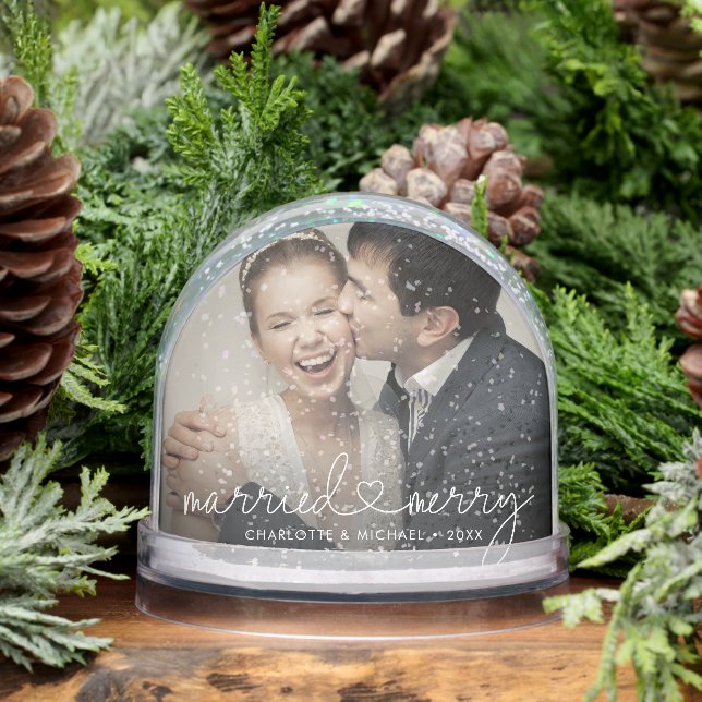 Married & Merry Heart Script Modern Wedding Custom Snowglobe (Winter)