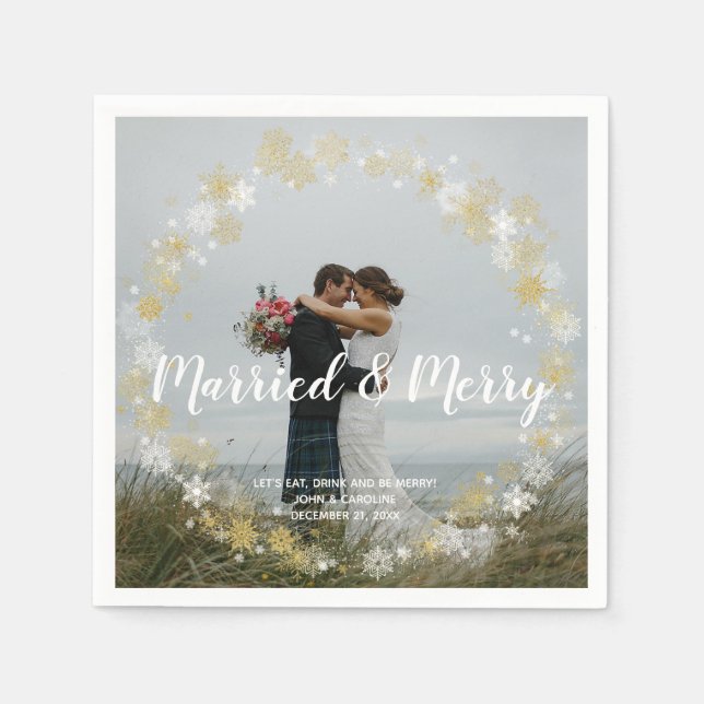 married & merry holiday photo wedding napkin (Front)