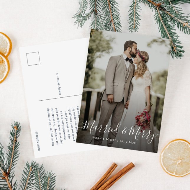 MARRIED & MERRY | holiday wedding announcement Postcard (Creator Uploaded)
