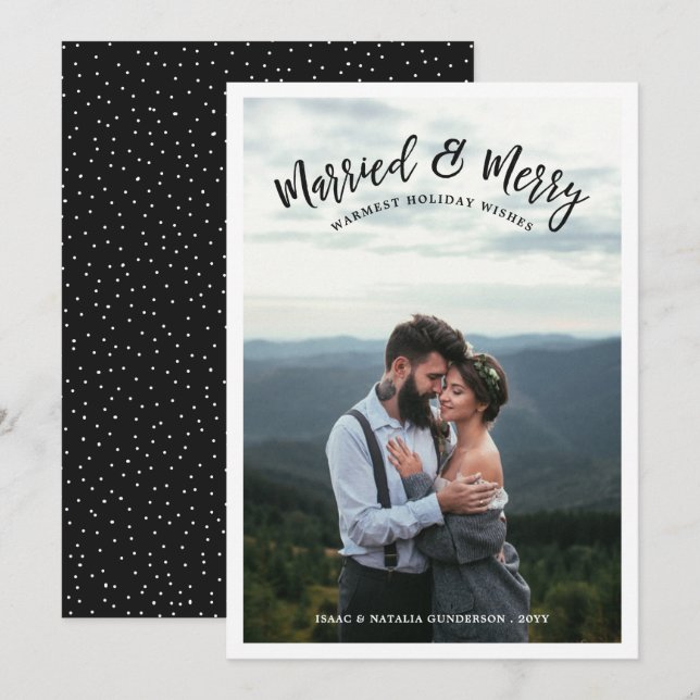Married & Merry Modern Chistmas Photo Black Holiday Card (Front/Back)