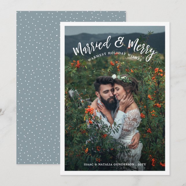 Married & Merry Modern Chistmas Photo White Holiday Card (Front/Back)