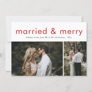 Married & Merry Modern Elegant Red Script Photo Holiday Card