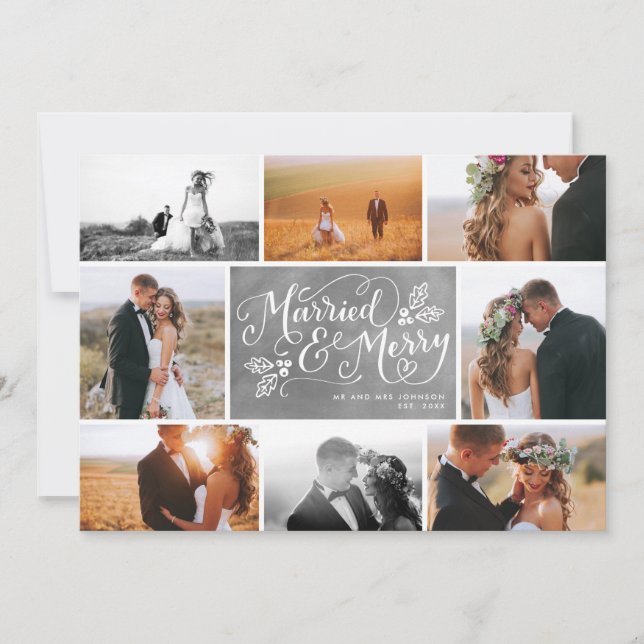 Married & Merry Multi-Photo Collage Holiday Chalk Card (Front)