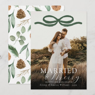 Married & Merry Newlweds Elegant Green Bow Photo Holiday Card