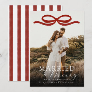Married & Merry Newlweds Elegant Red Bow Photo Holiday Card