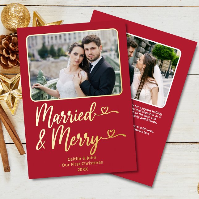 Married Merry Newlywed 1st Christmas Photo Red (Married & Merry Gold Foil 2-Photo Christmas card with personalized message and photo on back.)