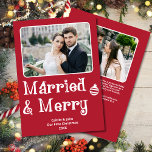 Married Merry Newlywed 1st Christmas Photo Red Holiday Card<br><div class="desc">Married and Merry Our First Christmas 2-photo greeting card in Christmas red is the perfect way to celebrate a newlywed couple's first Christmas, with its festive font and classic holiday colours, as well as a personalised message on the back. The playful "Married and Merry" message is a thoughtful and sentimental...</div>