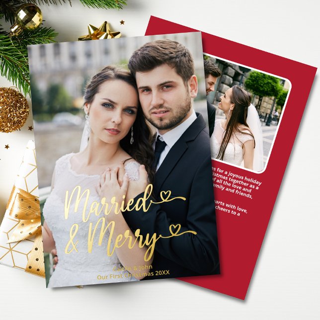 Married Merry Newlywed 1st Xmas Red Hearts Photo (Married & Merry Gold Foil 2-Photo Christmas Card, red on back with personal message & photo.)