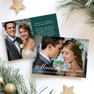 Married & Merry Newlywed 2 Photo Christmas Green Holiday Card