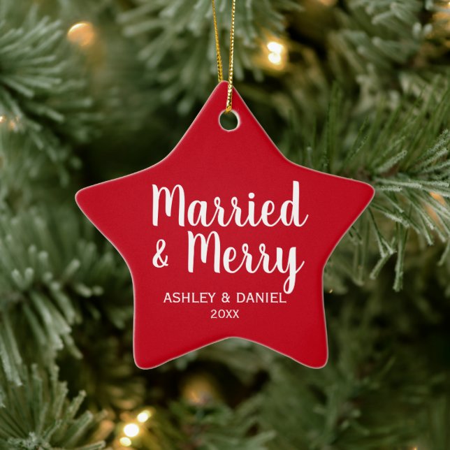Married & Merry Newlywed Christmas Red Star Ceramic Tree Decoration (Tree)