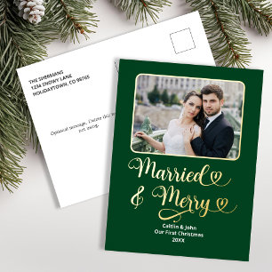 Married Merry Newlywed First Christmas Photo Green Foil Holiday Postcard