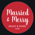 Married & Merry Newlywed Holiday Red Round Large Classic Round Sticker<br><div class="desc">Married & Merry Newlywed Holiday Red Large Sticker Round</div>