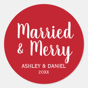 Married & Merry Newlywed Holiday Red Round Large Classic Round Sticker