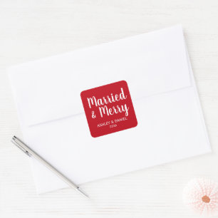 Married & Merry Newlywed Holiday Red Square Square Sticker