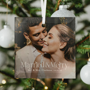 Married & Merry Newlywed Photo, Christmas Elegant  Glass Tree Decoration