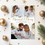 Married & Merry Newlywed Photo Collage Christmas  Holiday Card<br><div class="desc">Celebrate your first Christmas with this stunning holiday card featuring 3 photos and your custom text. Easily change the wording of Married & Merry to your own personalised text.  The backside features festive faux gold stripes.  Your family and friends will certainly cherish this holiday card!</div>