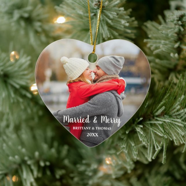 Married & Merry Newlywed Photo Red Back Ceramic Tree Decoration (Tree)