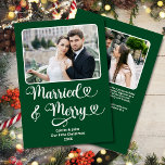 Married Merry Newlyweds 1st Christmas Green Hearts Holiday Card<br><div class="desc">This Married and Merry Our First Christmas custom photo greeting card in forest green with hearts is the perfect way to celebrate a newlywed couple's first Christmas, with its clean and modern font and classic holiday colours, room for two photos, as well as a personalised message on the back. The...</div>