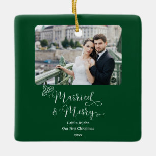 Married Merry Newlyweds 1st Christmas Green Photo Ceramic Ornament