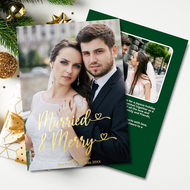 Married Merry Newlyweds 1st Christmas Hearts Photo (Married & Merry Gold Foil Custom Photo Christmas Card with photo & personal message with green back.)