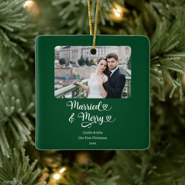 Married Merry Newlyweds 1st Christmas Photo Green Ceramic Ornament (Tree)