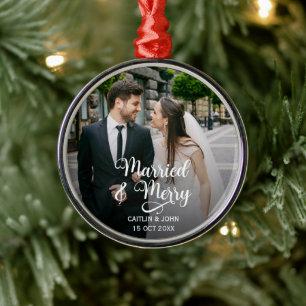 Married Merry Newlyweds 1st Christmas Photo Round Metal Tree Decoration