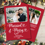 Married Merry Newlyweds 1st Christmas Red Hearts Holiday Card<br><div class="desc">This Married and Merry Our First Christmas custom photo greeting card in Christmas red with hearts is the perfect way to celebrate a newlywed couple's first Christmas, with its clean and modern font and classic holiday colours, room for two photos, as well as a personalised message on the back. The...</div>