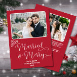 Married Merry Newlyweds 1st Christmas Red Holly Holiday Card<br><div class="desc">This Married and Merry Our First Christmas custom photo greeting card in Christmas red with holly leaves and berries is the perfect way to celebrate a newlywed couple's first Christmas, with its clean and modern font and classic holiday colours, room for two photos, as well as a personalised message on...</div>