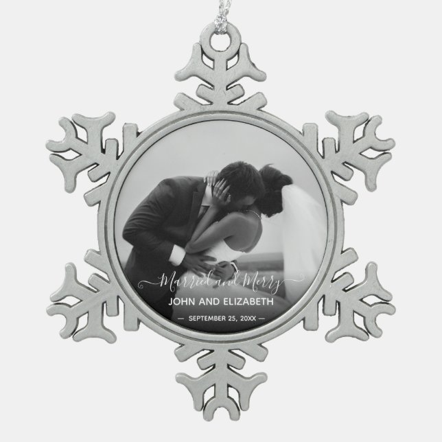 Married Merry Newlyweds Black White Photo Snowflake Pewter Christmas Ornament (Front)