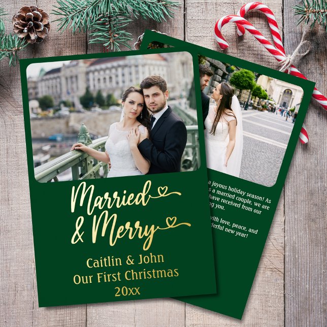 Married Merry Newlyweds Custom Green 1st Christmas (Married & Merry Christmas Card Custom 2-Photo in Green with Personal Message on the Back.)