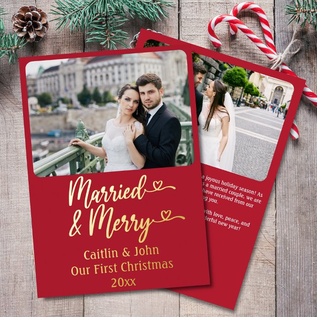 Married Merry Newlyweds Custom Red First Christmas (Married & Merry Custom 2-Photo Christmas Card in Red, with Personal Message & Photo on Back.)