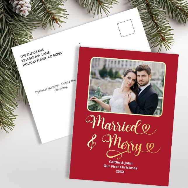 Married Merry Newlyweds First Christmas Photo Red Foil Holiday Postcard (Married and Merry Newlywed Couple Photo Foil Postcard in Red.)