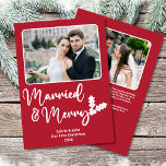 Married Merry Newlyweds First Christmas Photos Red Holiday Card<br><div class="desc">This Married and Merry Our First Christmas photo greeting card in Christmas red with holly is the perfect way to celebrate a newlywed couple's first Christmas, with its clean and modern font and classic holiday colours, room for two photos, as well as a personalised message on the back. The playful...</div>