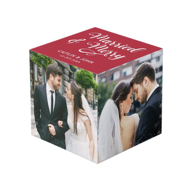 Married Merry Newlyweds First Christmas Red Photo Cube (Front Angled)