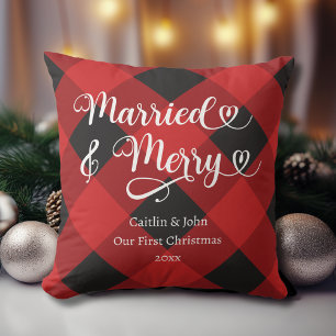Married Merry Our 1st Christmas Newlywed Red Plaid Cushion