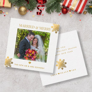 Married Merry Photo Gold Snowflake Christmas Mini Card