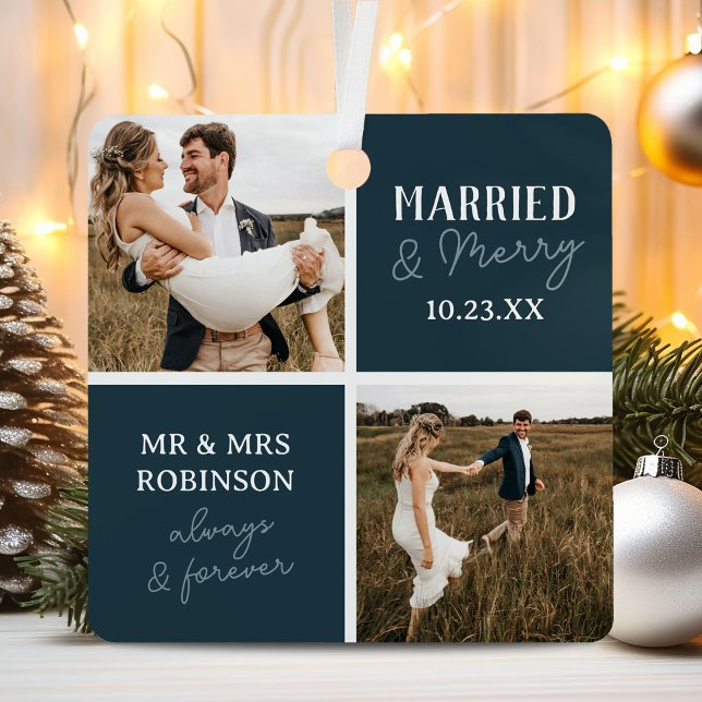Married & Merry Photo Names Blue Christmas Metal Tree Decoration (Creator Uploaded)