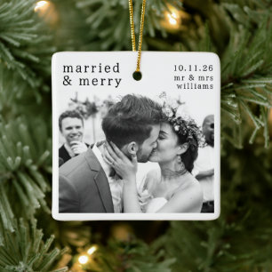 Married & Merry Photo, Names & Date Christmas Ceramic Ornament