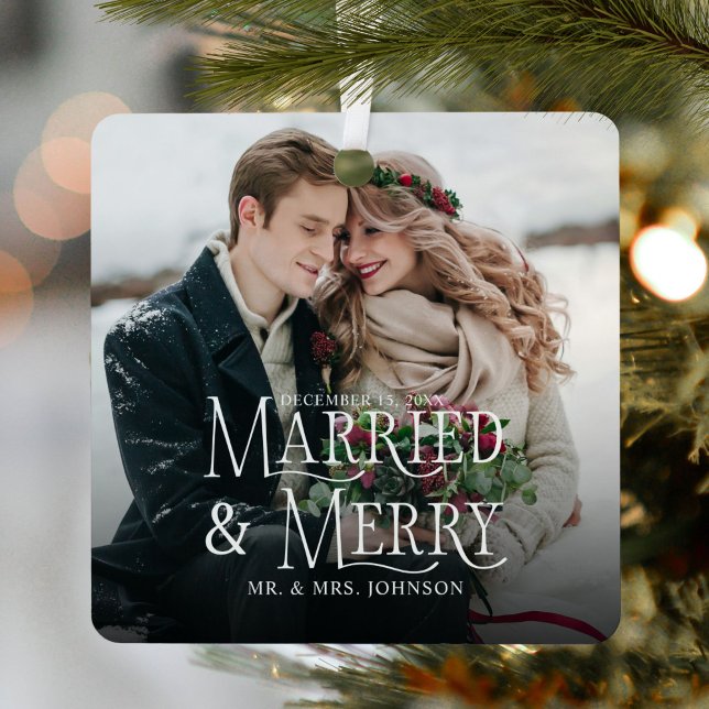 Married & Merry Photo Newlywed Christmas Metal Tree Decoration (Creator Uploaded)
