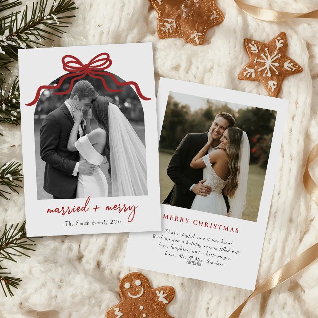Married & Merry Red Bow Arch Photo Christmas Holiday Card (Creator Uploaded)