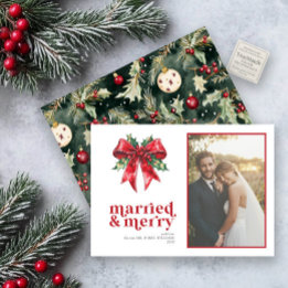 Married & Merry Red Bow Holly Newlywed Photo Holiday Card