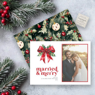 Married & Merry Red Bow Holly Newlywed Photo Holiday Card