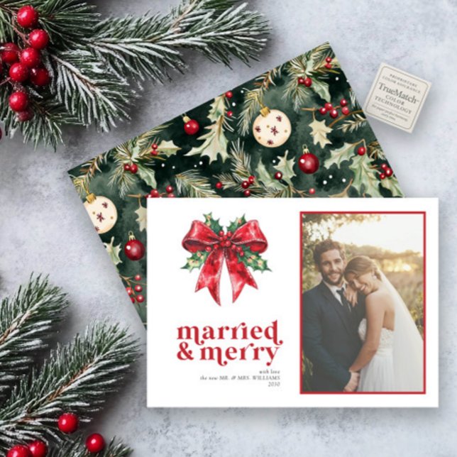 Married & Merry Red Bow Holly Newlywed Photo Holiday Card (Creator Uploaded)