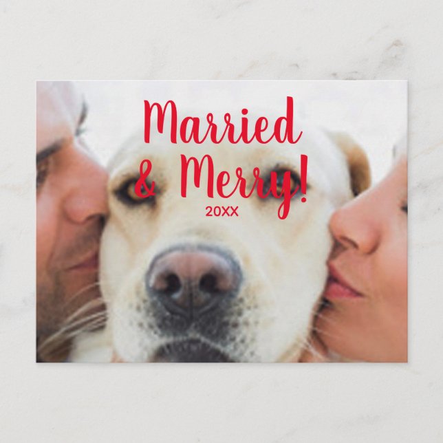 Married & Merry red custom photo date Christmas Postcard (Front)