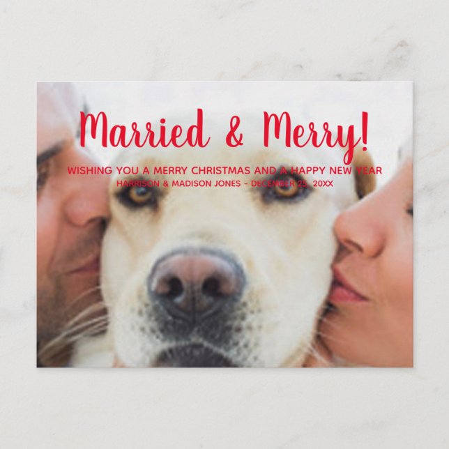 Married & Merry red custom photo text Christmas Postcard (Front)
