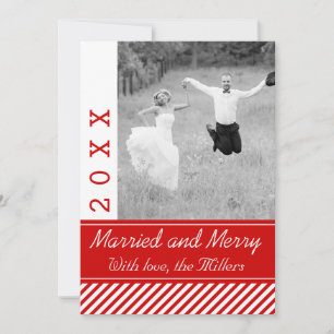 Married & Merry red, white stripes Christmas photo Holiday Card