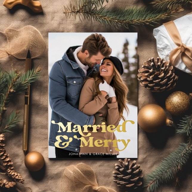 Married & Merry Retro Modern Typography 1 Photo  (Married & Merry Retro Modern Typography 1 Photo Foil Holiday Card)